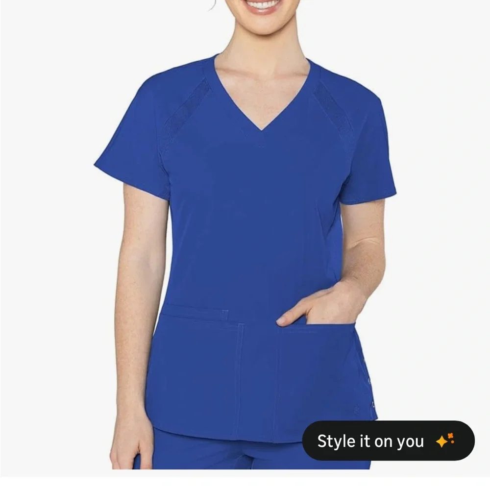 Med Couture Peaches Royal Blue Scrub Top and Pants Set - Picture 2 of 14